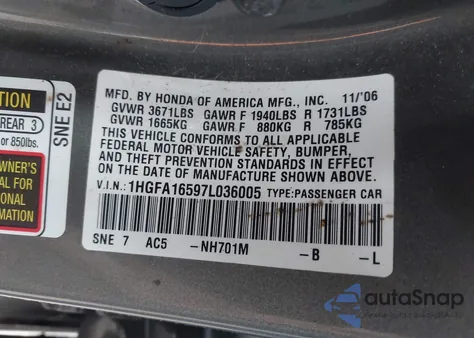 2007 Honda Civic Lx from USA, damaged, VIN 1HGFA16597L036005